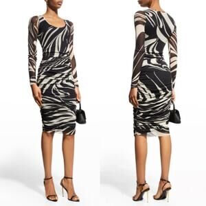 FUZZI | Black White Ruched Abstract Mesh Print Midi Dress S